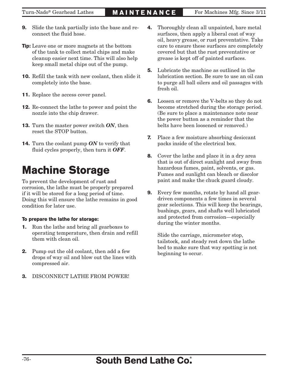 Machine storage | Southbend Turn-nado Gearhead Lathe w/ Dro 21" x 60" sb1046pf User Manual | Page 78 / 140