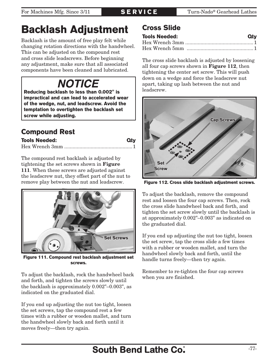 Backlash adjustment, Cross slide, Compound rest | Southbend Turn-nado Gearhead Lathe w/ Dro 21" x 60" sb1046pf User Manual | Page 79 / 140