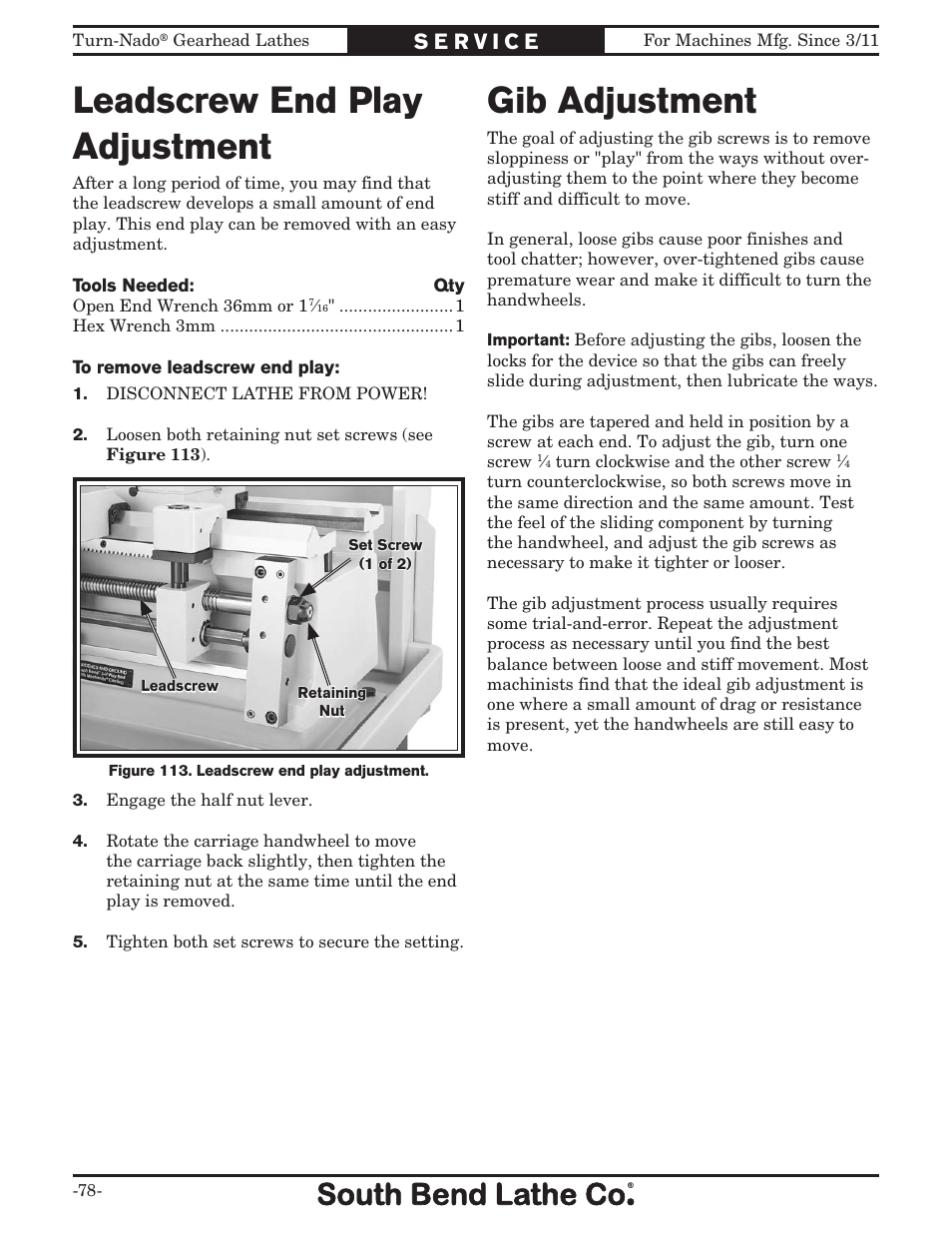 Leadscrew end play adjustment, Gib adjustment | Southbend Turn-nado Gearhead Lathe w/ Dro 21" x 60" sb1046pf User Manual | Page 80 / 140