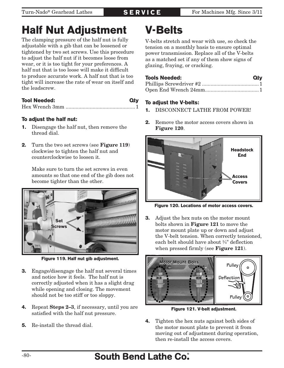 Half nut adjustment, V-belts | Southbend Turn-nado Gearhead Lathe w/ Dro 21" x 60" sb1046pf User Manual | Page 82 / 140