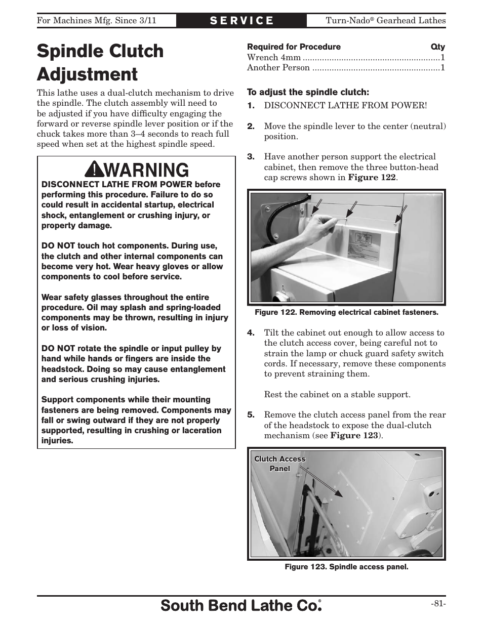 Spindle clutch adjustment | Southbend Turn-nado Gearhead Lathe w/ Dro 21" x 60" sb1046pf User Manual | Page 83 / 140