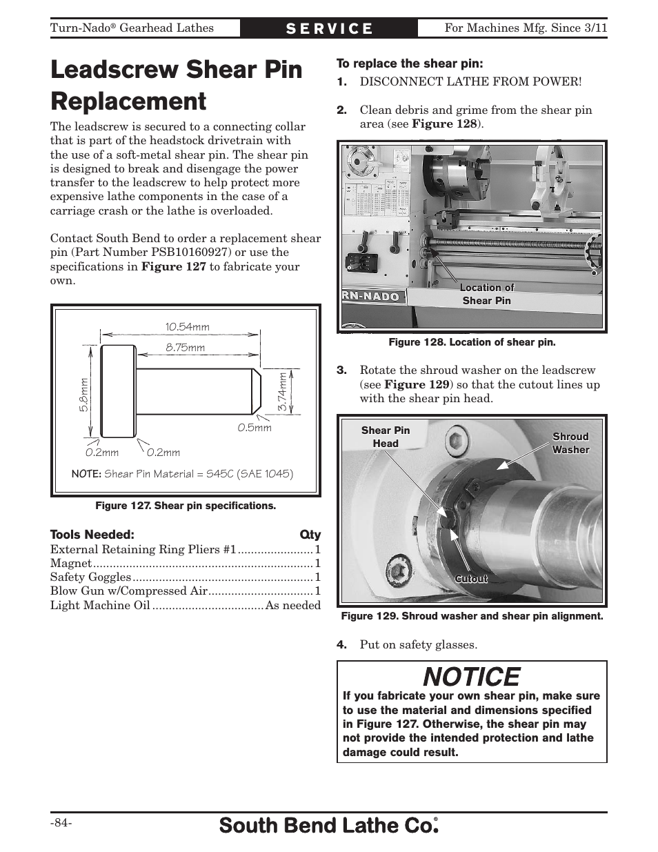 Leadscrew shear pin replacement | Southbend Turn-nado Gearhead Lathe w/ Dro 21" x 60" sb1046pf User Manual | Page 86 / 140