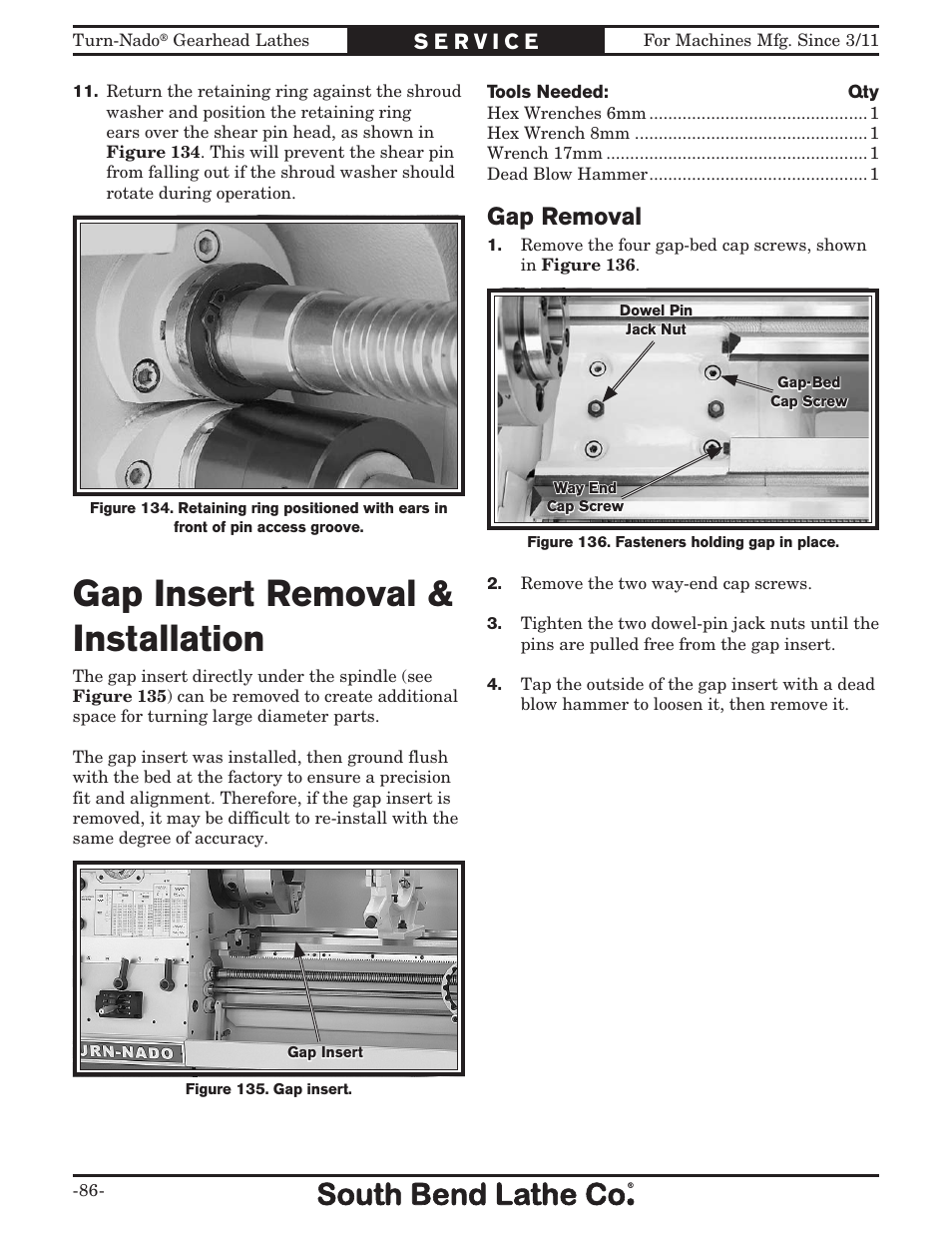 Gap insert removal & installation, Gap removal | Southbend Turn-nado Gearhead Lathe w/ Dro 21" x 60" sb1046pf User Manual | Page 88 / 140