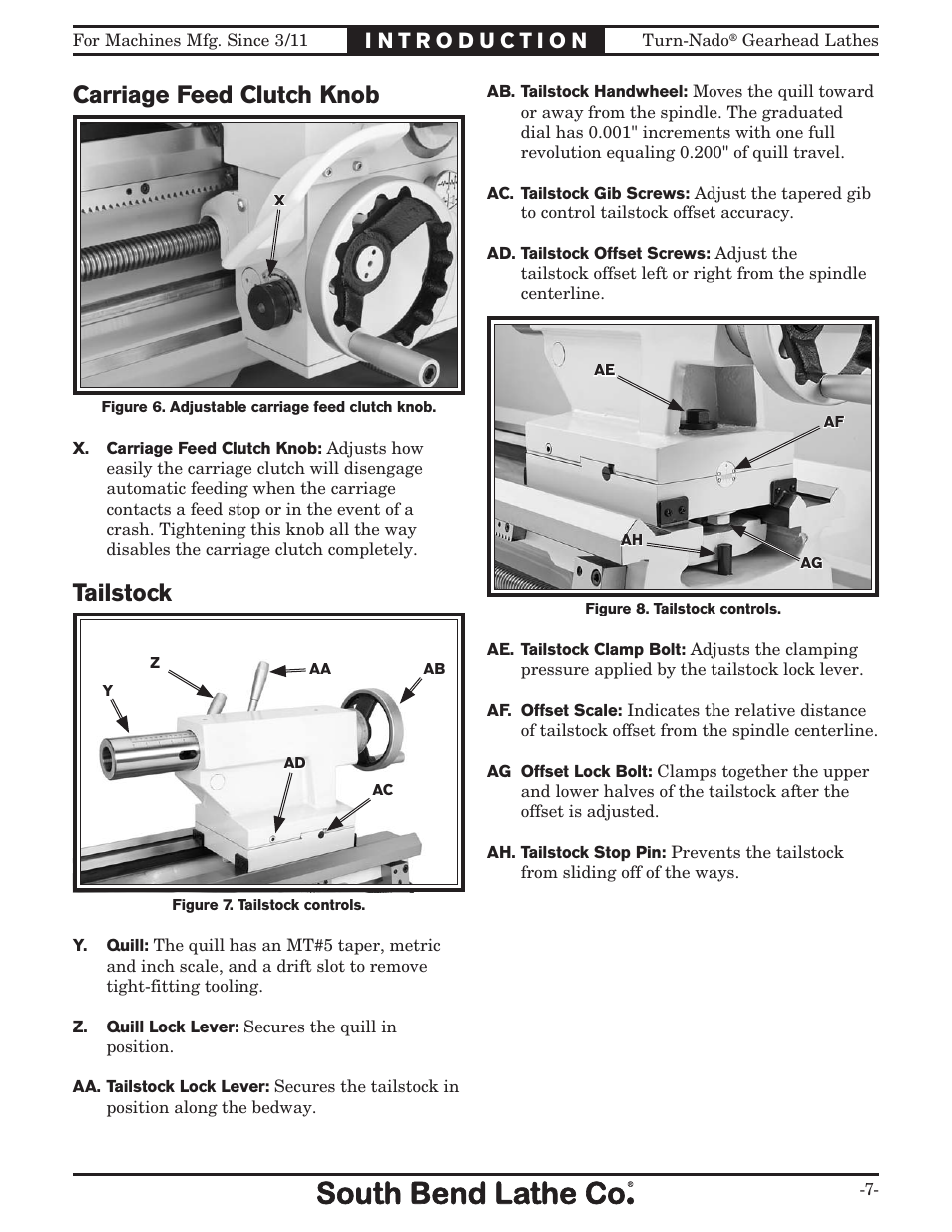 Carriage feed clutch knob, Tailstock | Southbend Turn-nado Gearhead Lathe w/ Dro 21" x 60" sb1046pf User Manual | Page 9 / 140