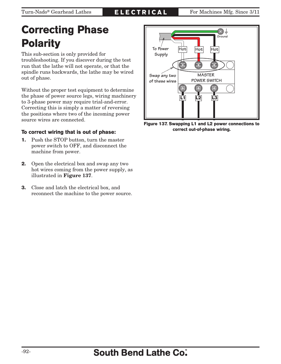 Correcting phase polarity | Southbend Turn-nado Gearhead Lathe w/ Dro 21" x 60" sb1046pf User Manual | Page 94 / 140