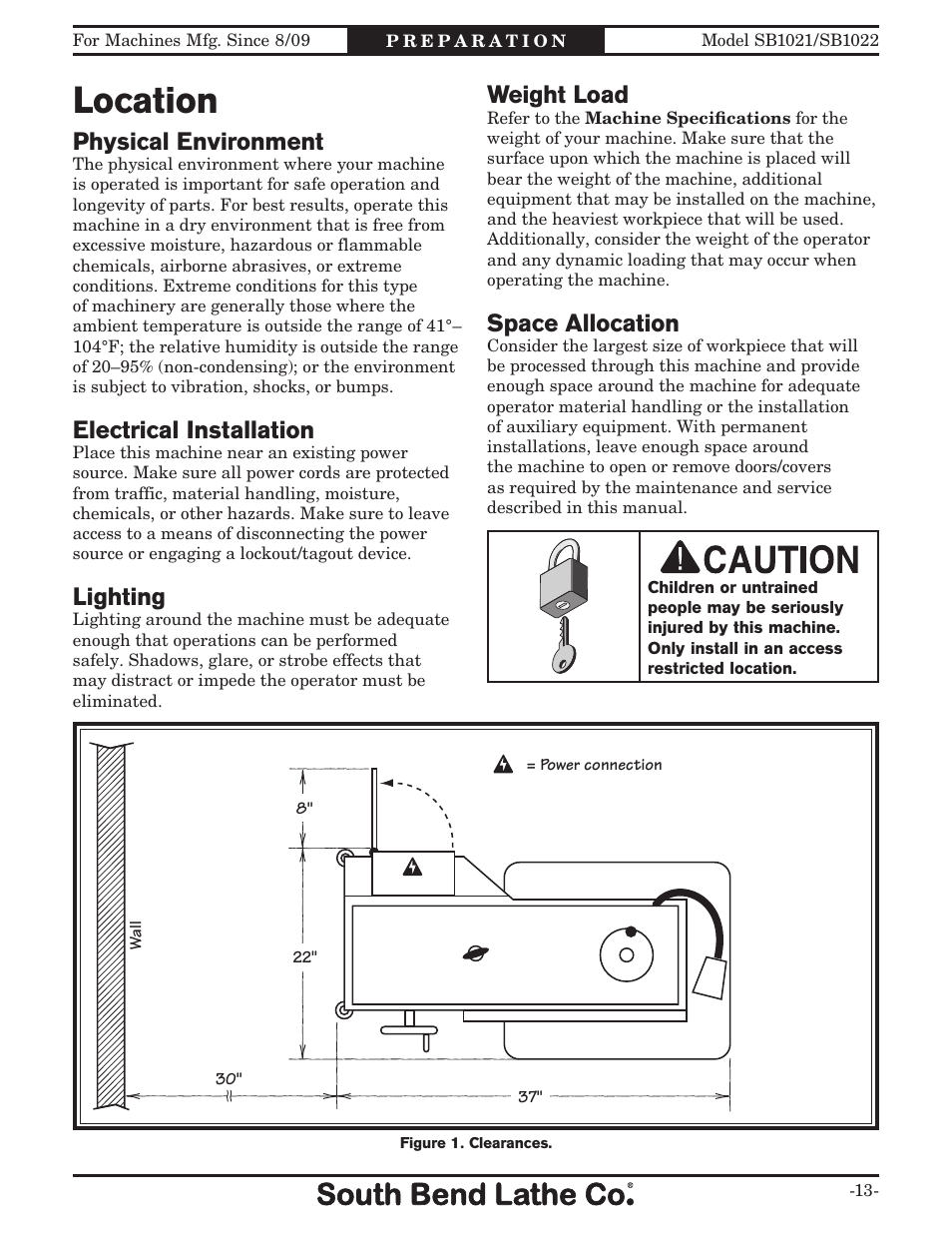 Location, Weight load, Space allocation | Physical environment, Electrical installation, Lighting | Southbend 14" METAL CUTTING BANDSAW SB1022 User Manual | Page 15 / 64