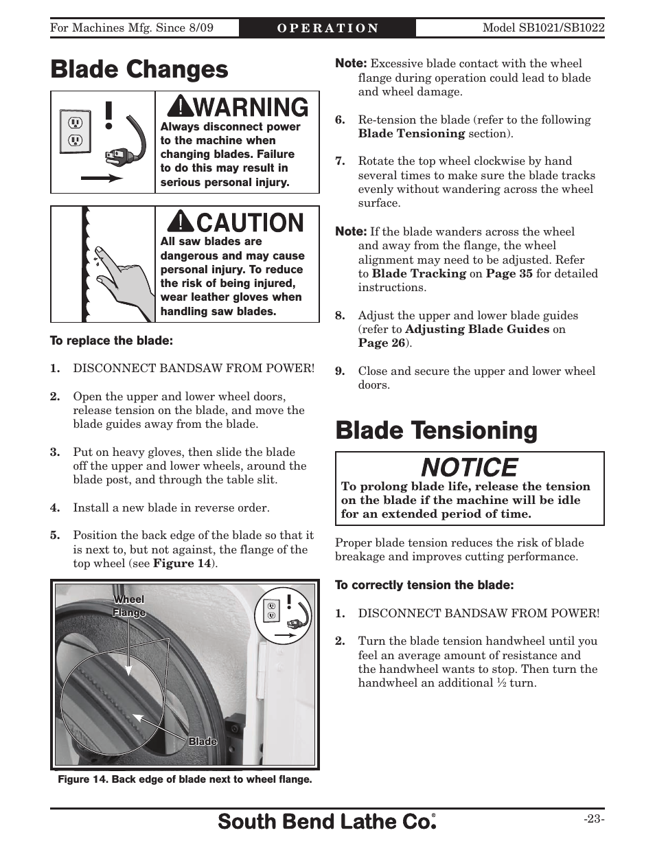 Blade changes, Blade tensioning | Southbend 14" METAL CUTTING BANDSAW SB1022 User Manual | Page 25 / 64