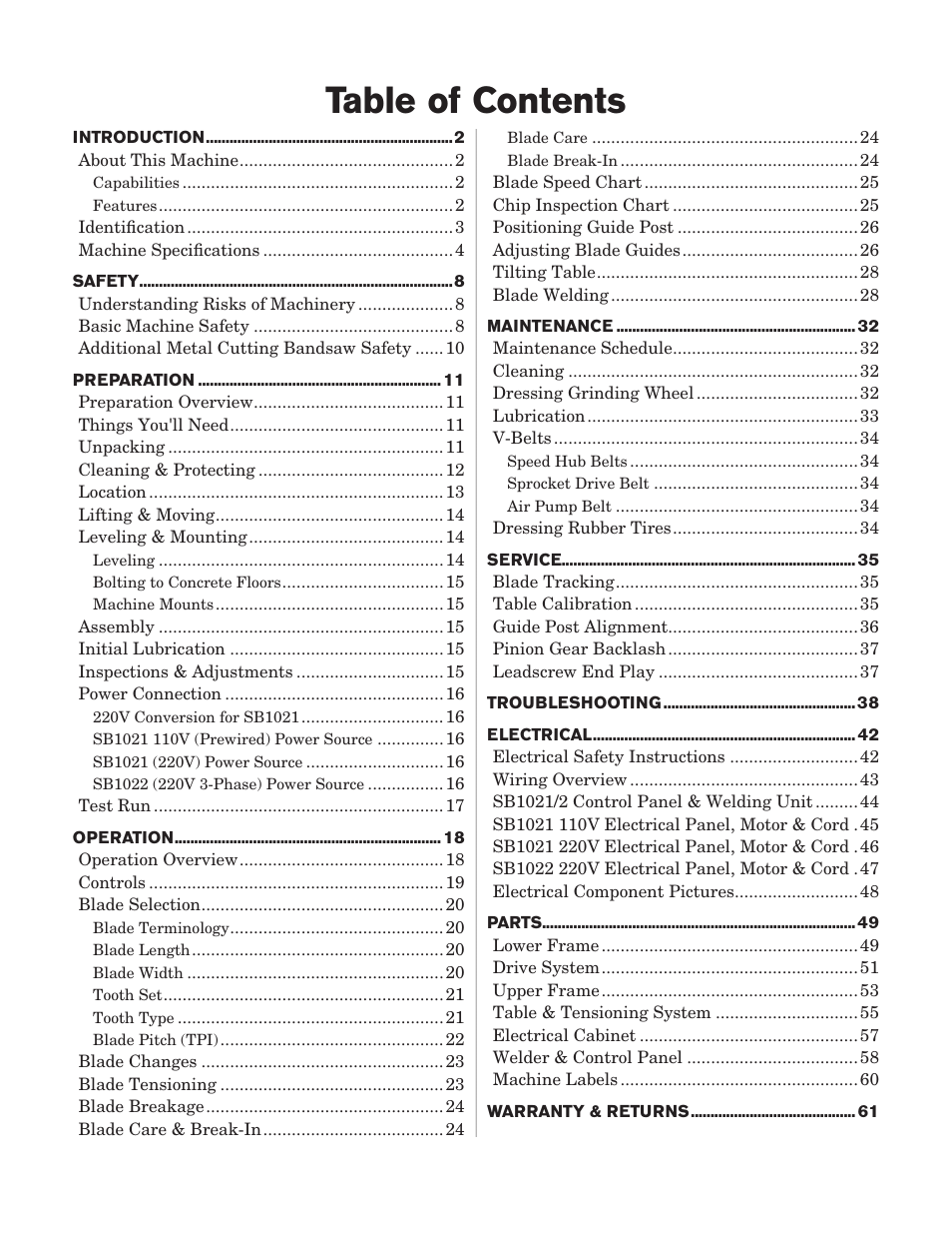 Southbend 14" METAL CUTTING BANDSAW SB1022 User Manual | Page 3 / 64