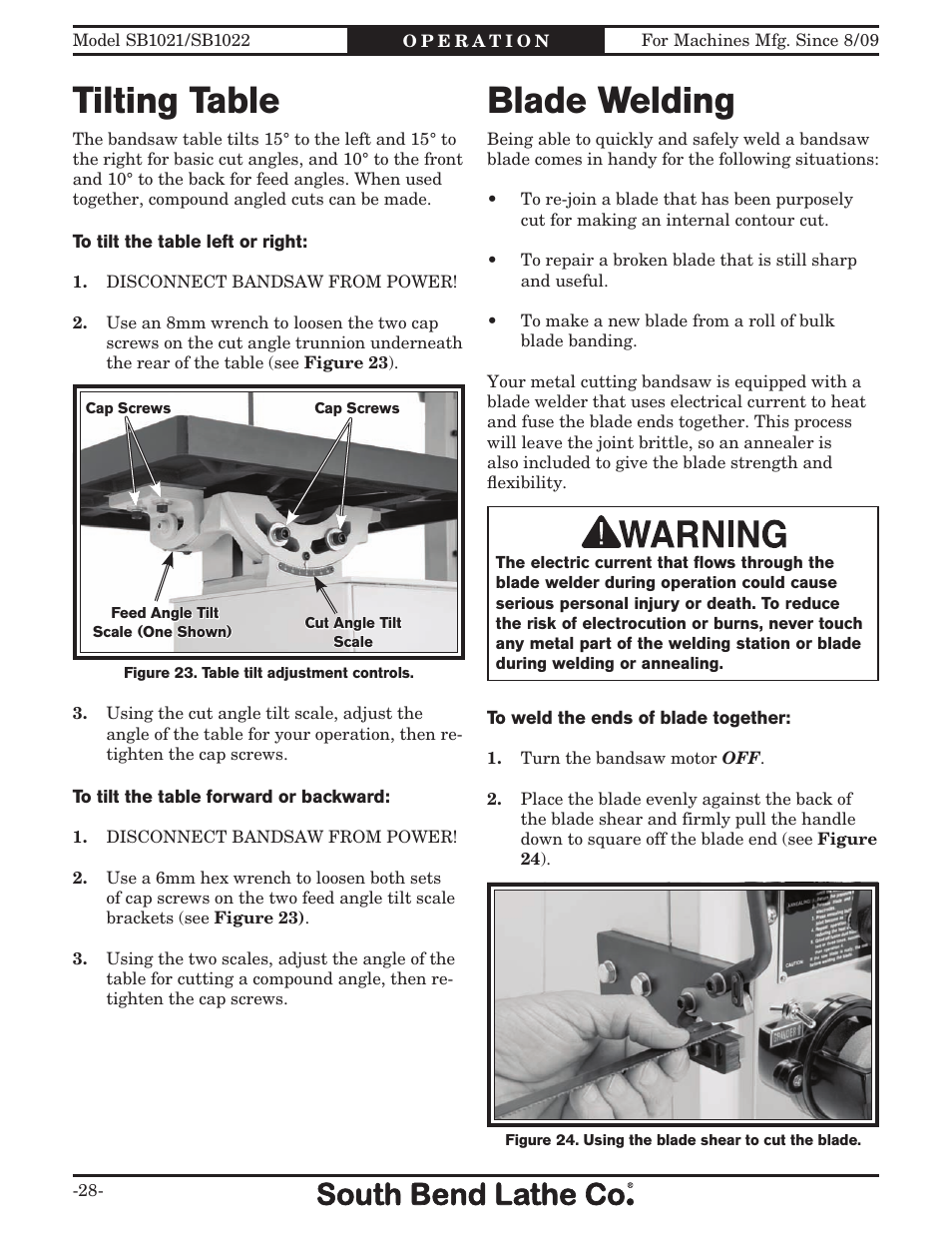 Tilting table, Blade welding | Southbend 14" METAL CUTTING BANDSAW SB1022 User Manual | Page 30 / 64