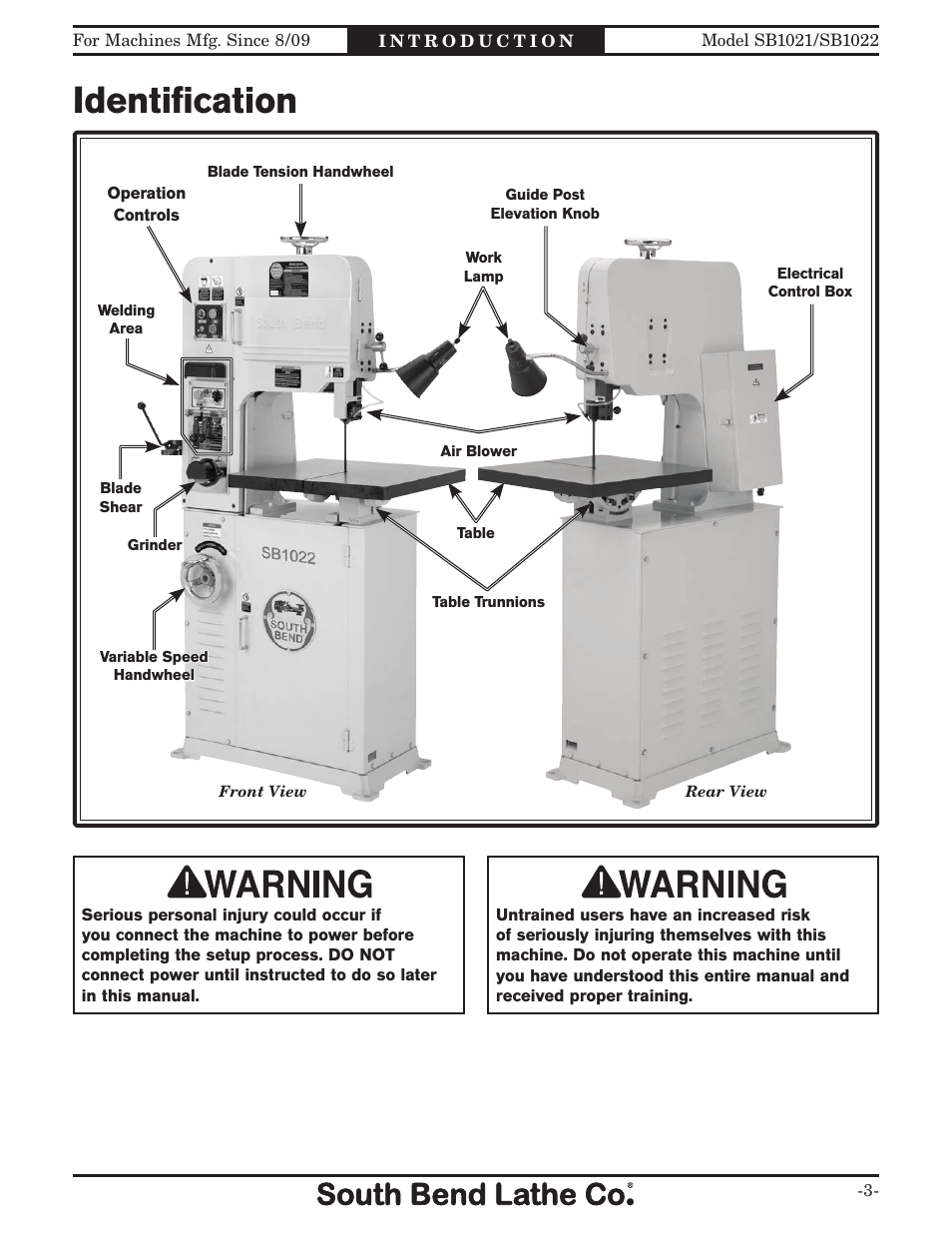 Identiﬁcation | Southbend 14" METAL CUTTING BANDSAW SB1022 User Manual | Page 5 / 64