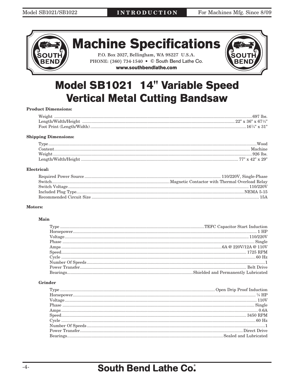 Machine speciﬁcations | Southbend 14" METAL CUTTING BANDSAW SB1022 User Manual | Page 6 / 64