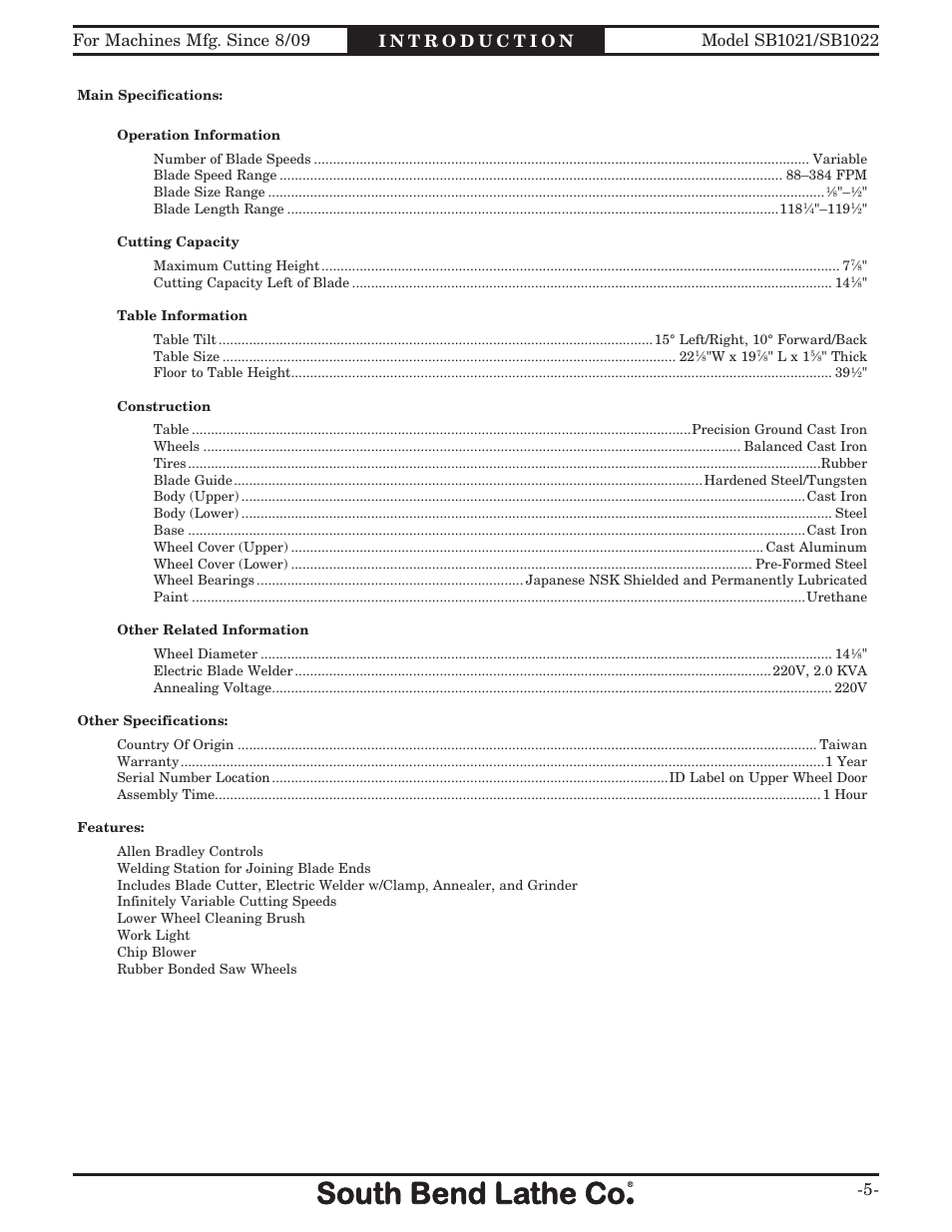 Southbend 14" METAL CUTTING BANDSAW SB1022 User Manual | Page 7 / 64