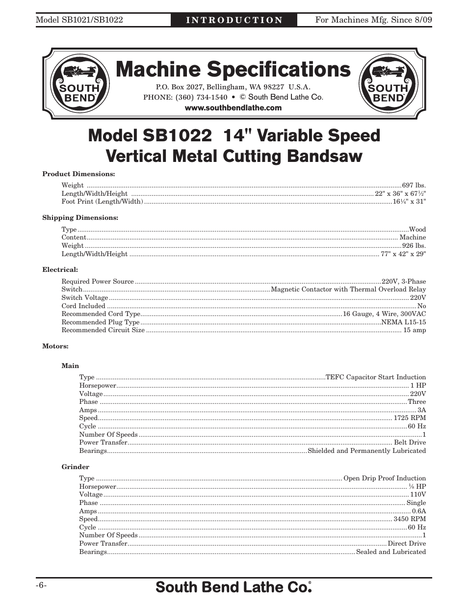 Machine speciﬁcations | Southbend 14" METAL CUTTING BANDSAW SB1022 User Manual | Page 8 / 64