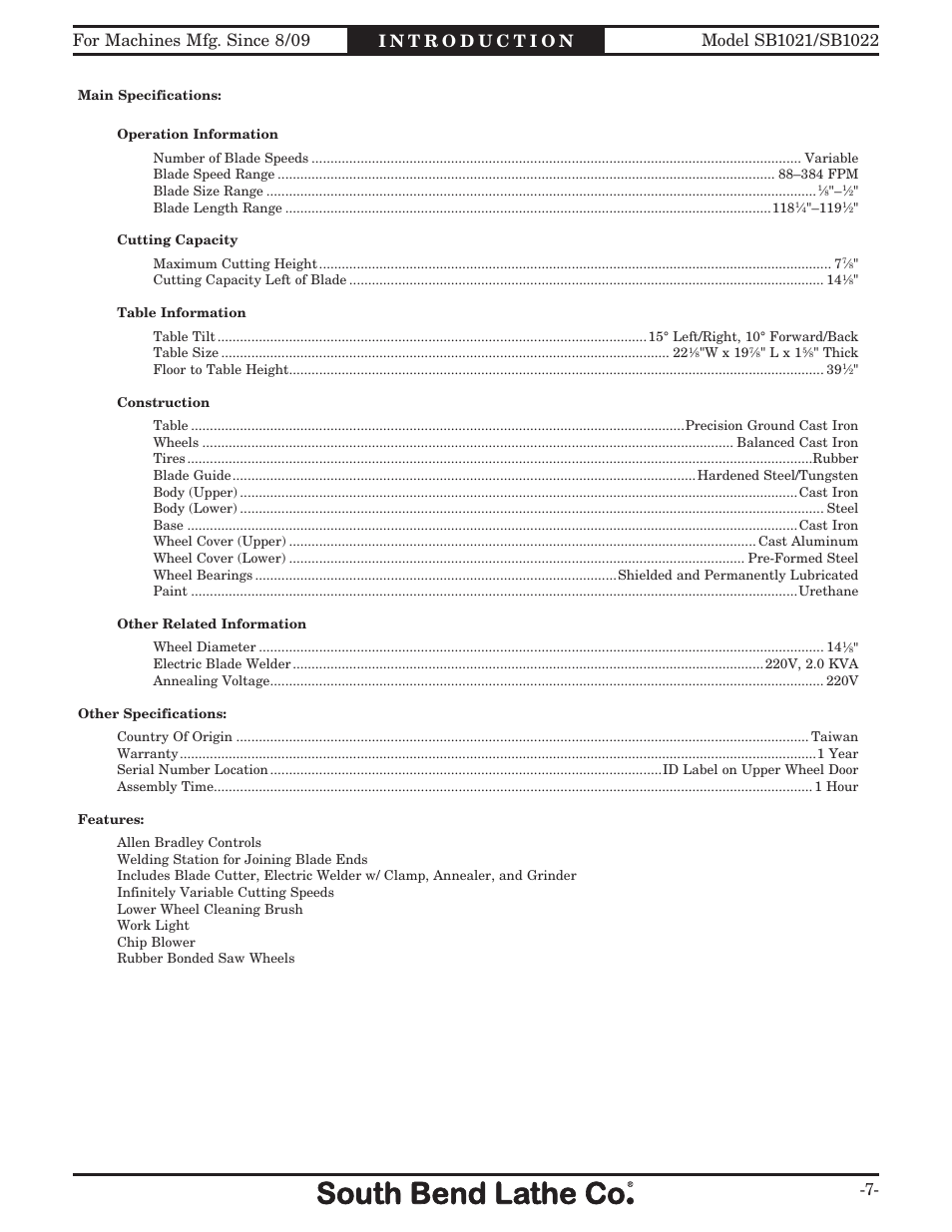 Southbend 14" METAL CUTTING BANDSAW SB1022 User Manual | Page 9 / 64