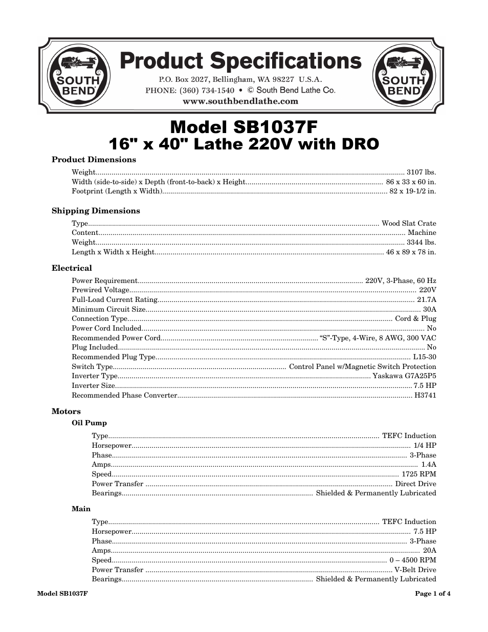 Southbend SB1037F User Manual | 4 pages