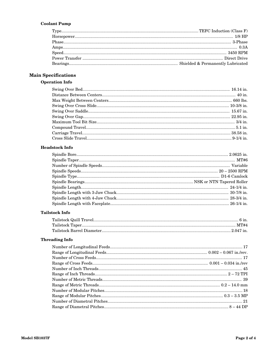 Main specifications | Southbend SB1037F User Manual | Page 2 / 4