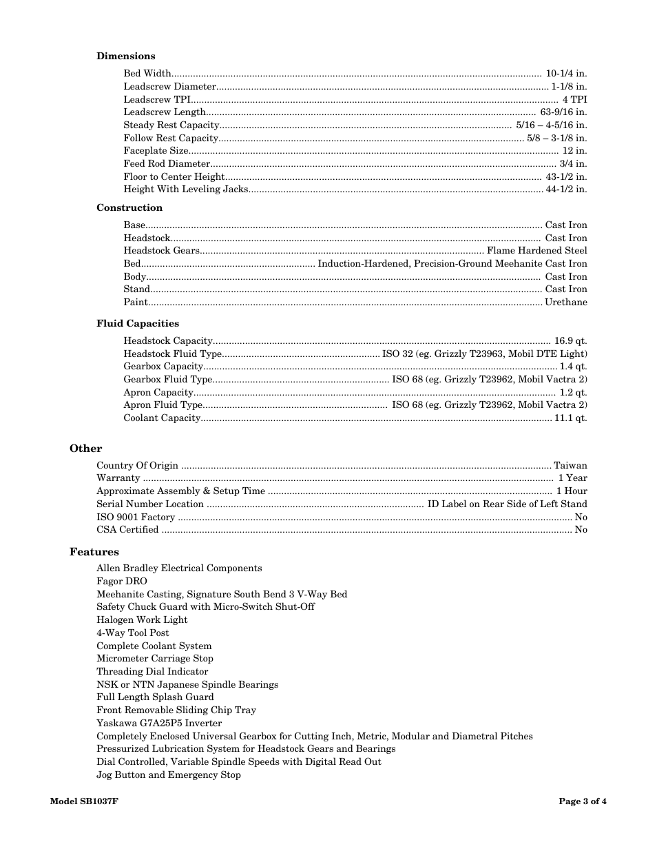 Other specifications, Features | Southbend SB1037F User Manual | Page 3 / 4
