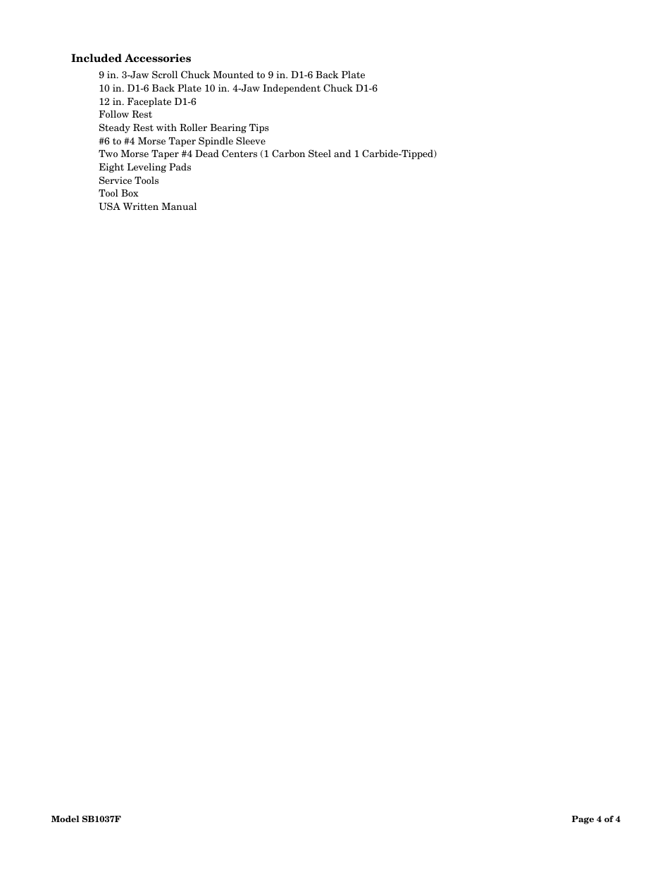 Included accessories | Southbend SB1037F User Manual | Page 4 / 4