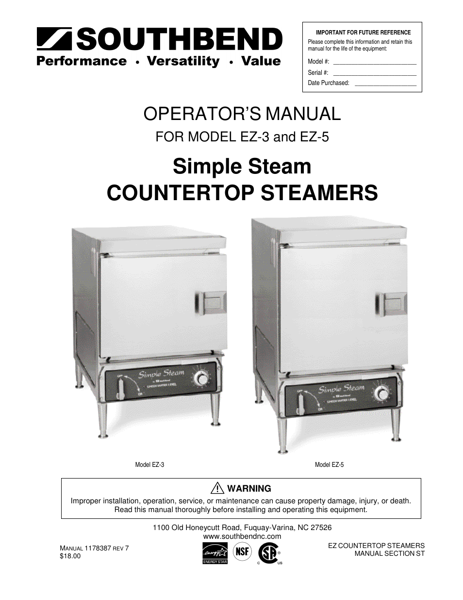 Southbend SIMPLE STEAM COUNTERTOP STEAMERS EZ-5 User Manual | 45 pages