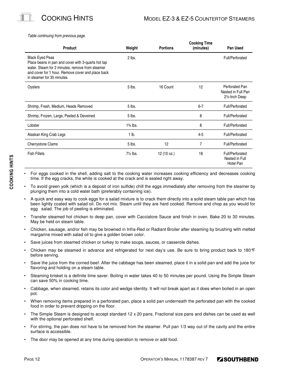 Ooking, Ints | Southbend SIMPLE STEAM COUNTERTOP STEAMERS EZ-5 User Manual | Page 12 / 45