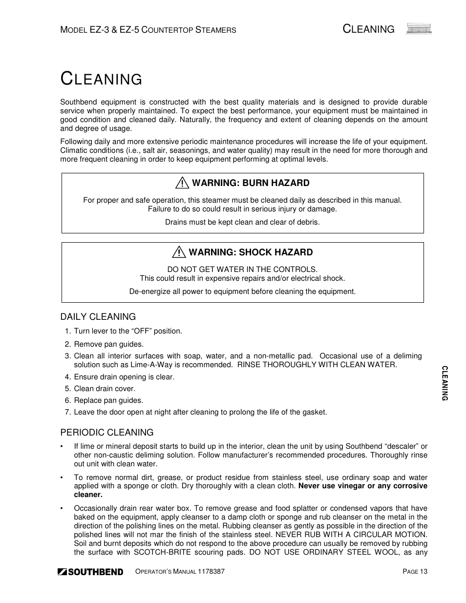 Leaning | Southbend SIMPLE STEAM COUNTERTOP STEAMERS EZ-5 User Manual | Page 13 / 45