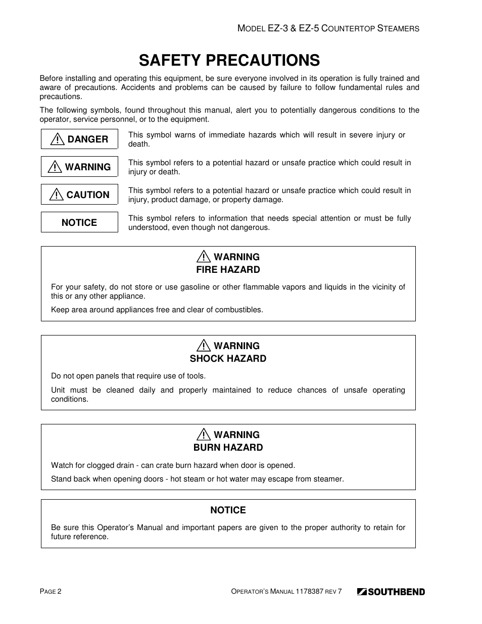 Safety precautions | Southbend SIMPLE STEAM COUNTERTOP STEAMERS EZ-5 User Manual | Page 2 / 45