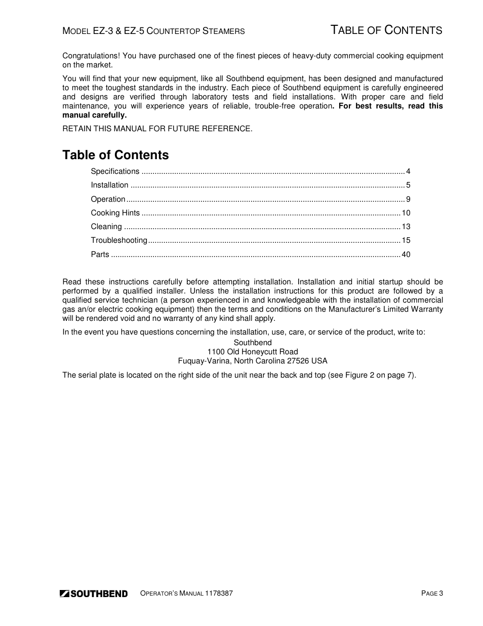 Southbend SIMPLE STEAM COUNTERTOP STEAMERS EZ-5 User Manual | Page 3 / 45