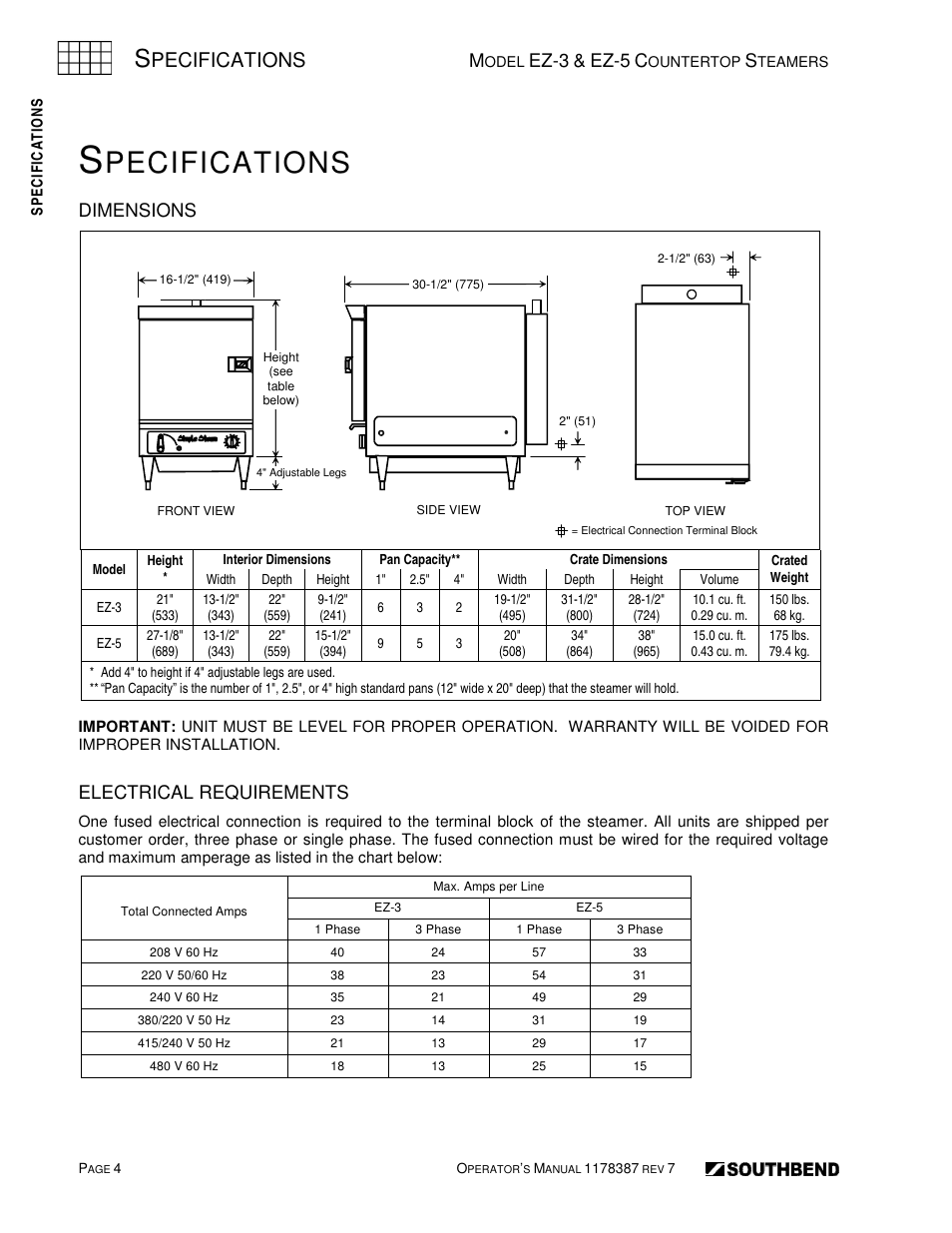 Pecifications, Ez-3, Ez-5 | Dimensions, Electrical requirements | Southbend SIMPLE STEAM COUNTERTOP STEAMERS EZ-5 User Manual | Page 4 / 45