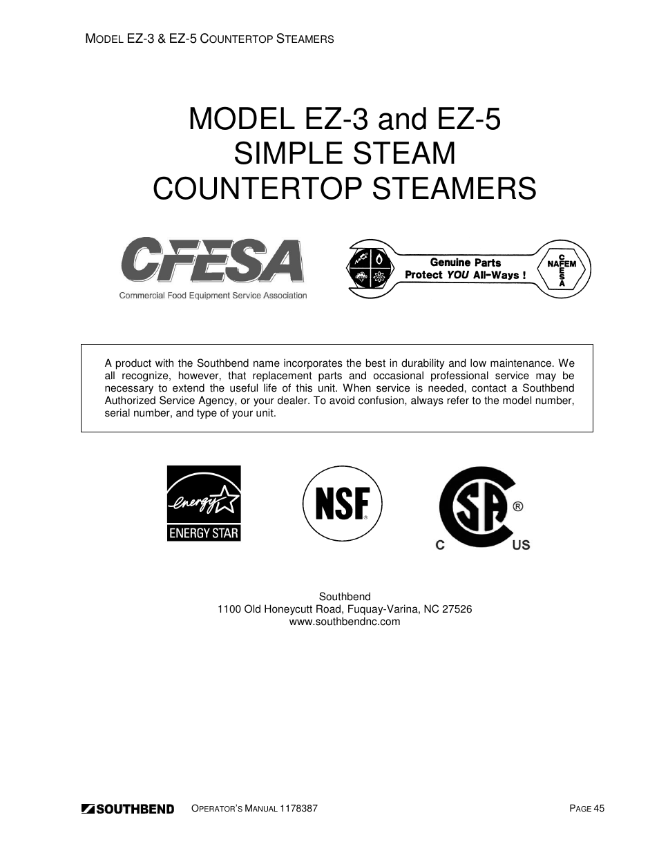 Southbend SIMPLE STEAM COUNTERTOP STEAMERS EZ-5 User Manual | Page 45 / 45