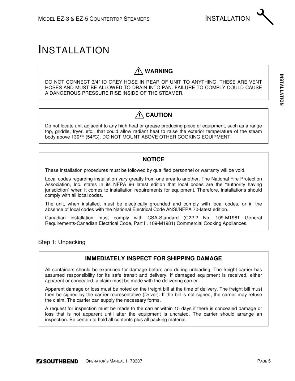 Nstallation | Southbend SIMPLE STEAM COUNTERTOP STEAMERS EZ-5 User Manual | Page 5 / 45