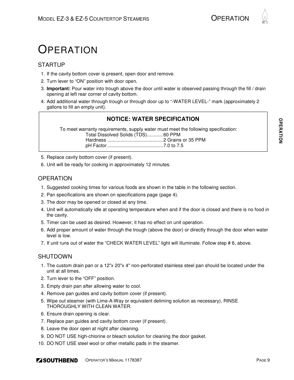 Peration | Southbend SIMPLE STEAM COUNTERTOP STEAMERS EZ-5 User Manual | Page 9 / 45