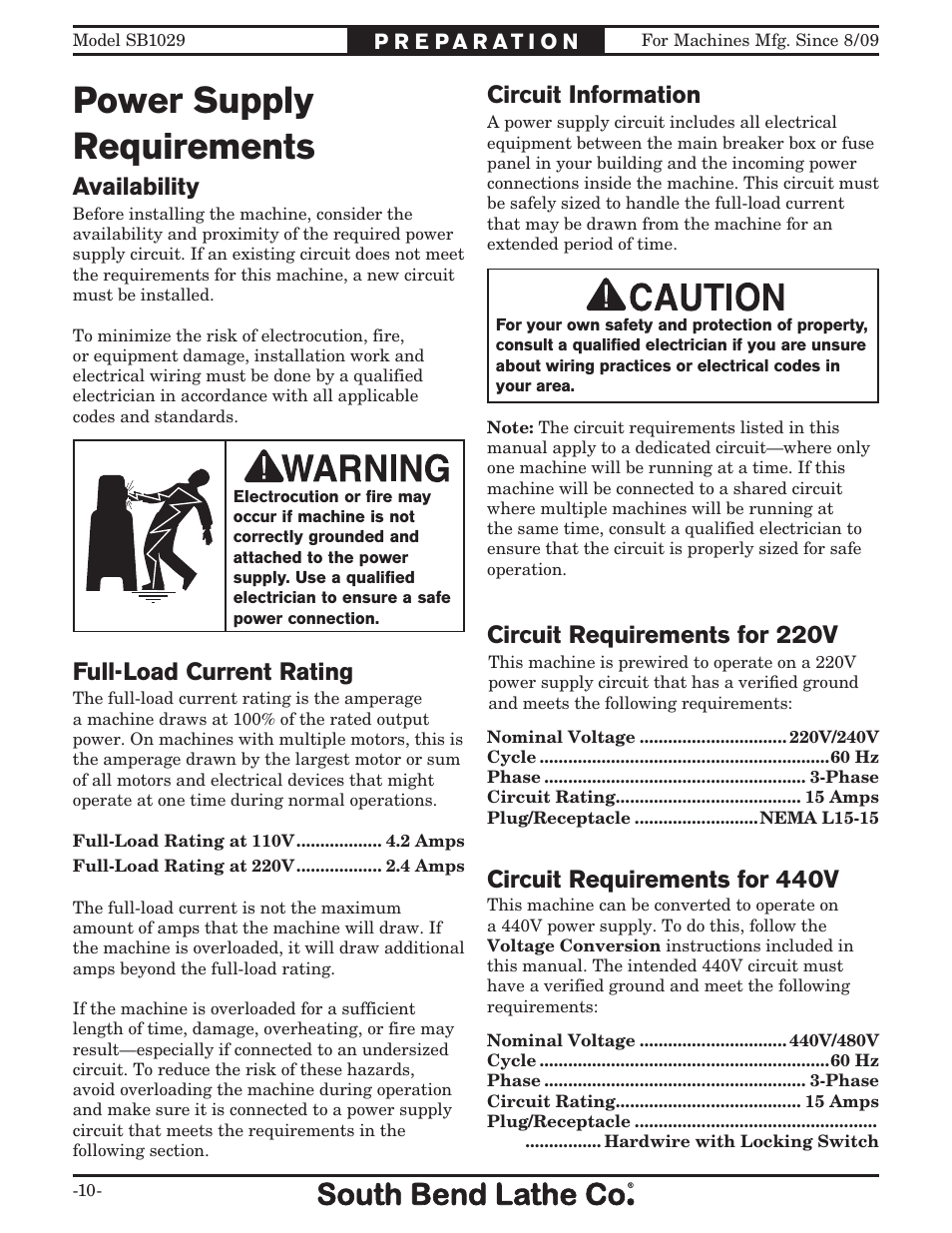 Power supply requirements, Availability, Full-load current rating | Circuit requirements for 220v, Circuit information circuit requirements for 440v | Southbend 6" x 18" SURFACE GRINDER SB1029 User Manual | Page 12 / 60