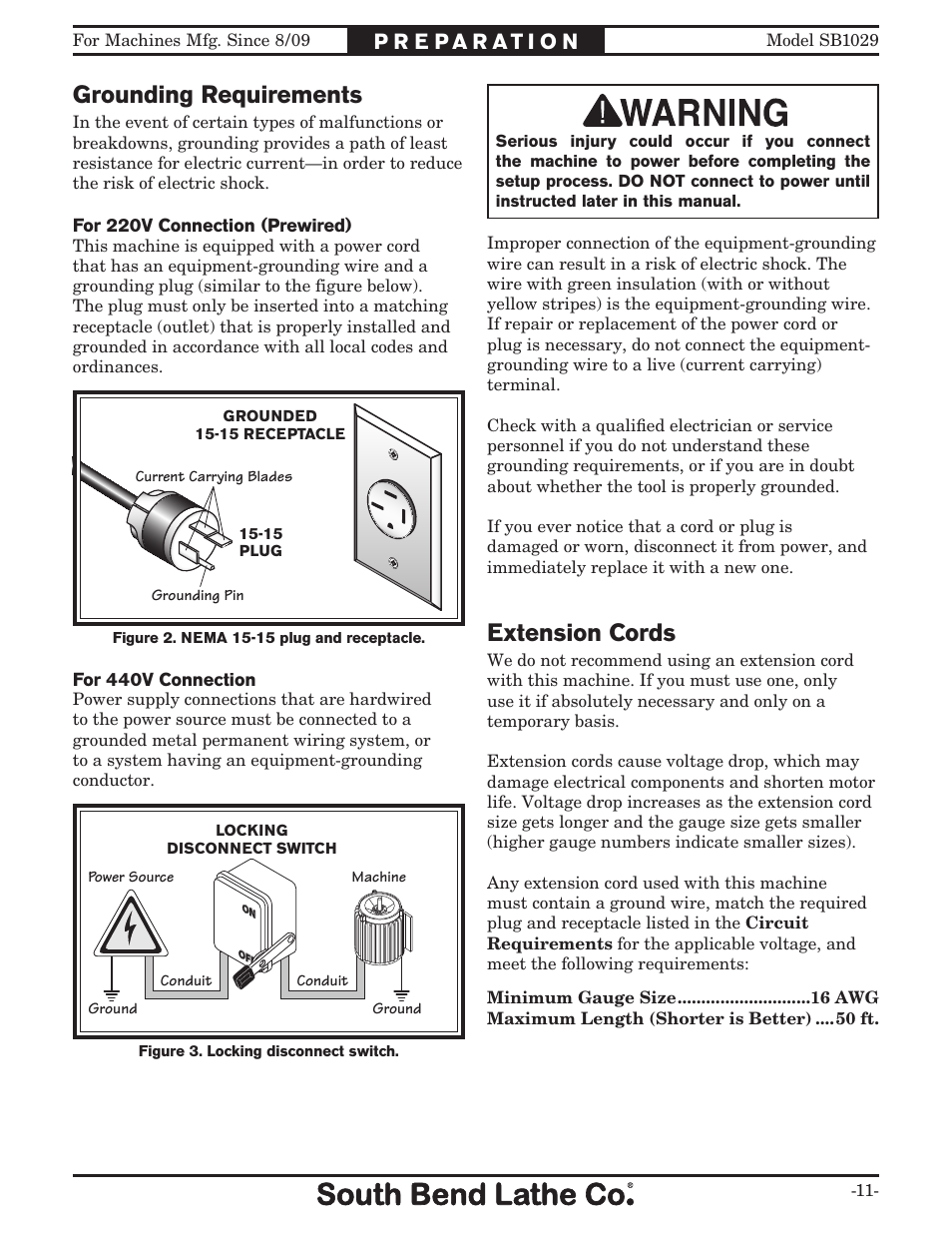 Grounding requirements, Extension cords | Southbend 6" x 18" SURFACE GRINDER SB1029 User Manual | Page 13 / 60
