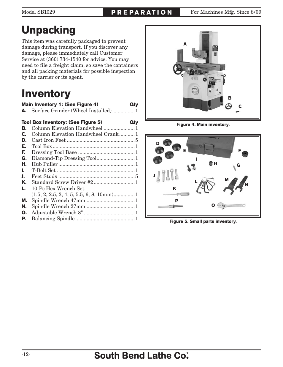 Unpacking, Inventory | Southbend 6" x 18" SURFACE GRINDER SB1029 User Manual | Page 14 / 60