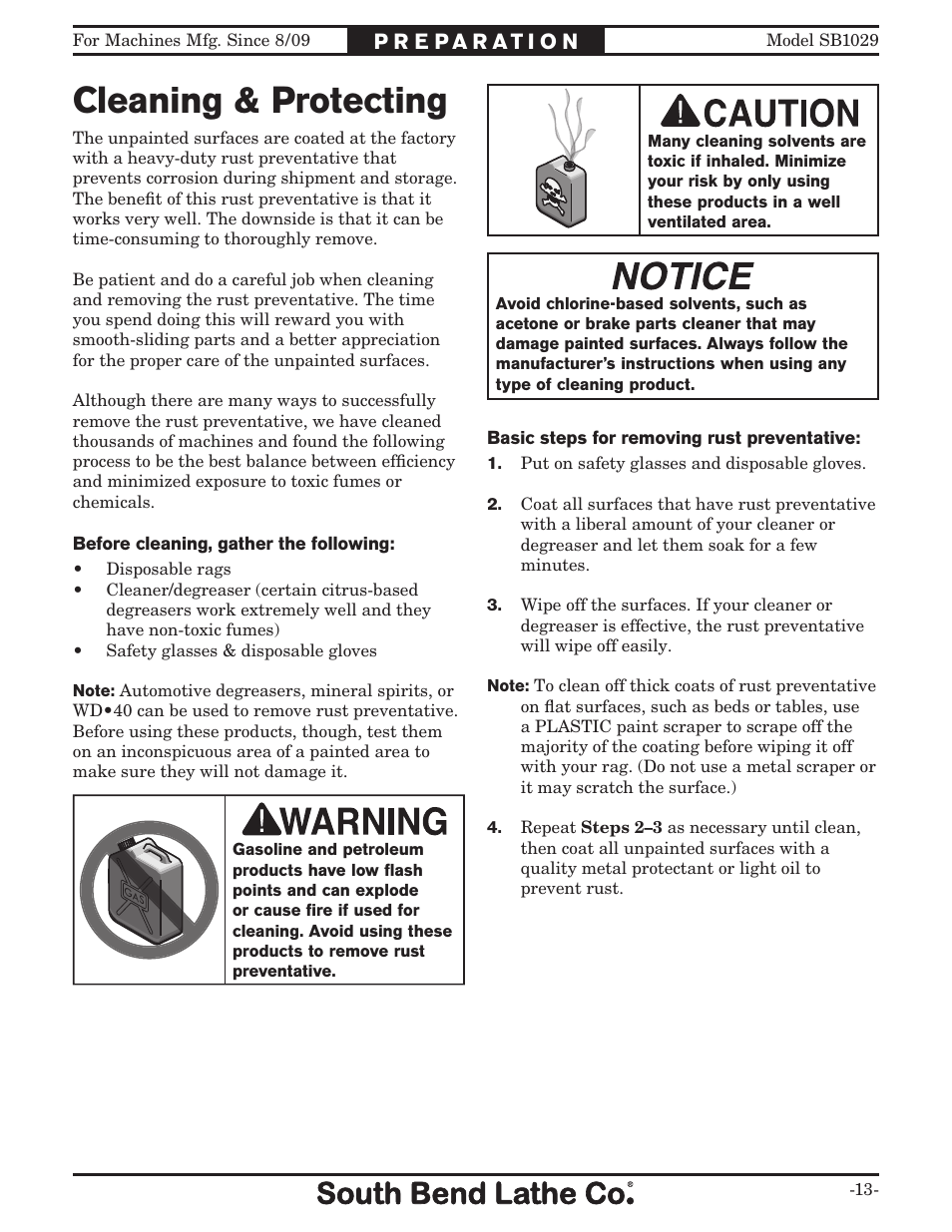 Cleaning & protecting | Southbend 6" x 18" SURFACE GRINDER SB1029 User Manual | Page 15 / 60