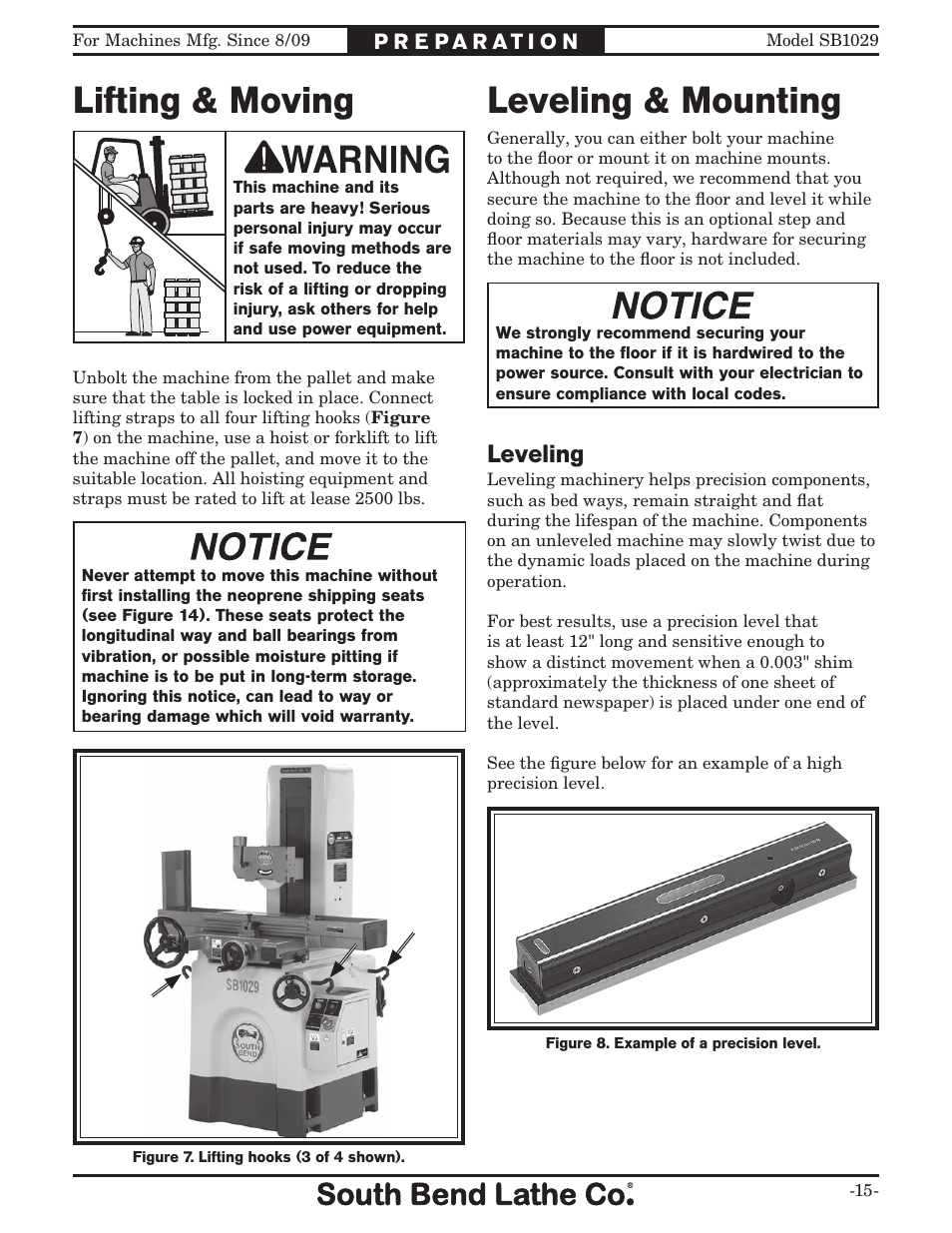 Lifting & moving, Leveling & mounting, Leveling | Southbend 6" x 18" SURFACE GRINDER SB1029 User Manual | Page 17 / 60