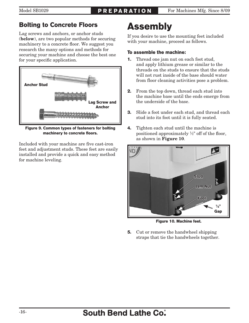 Assembly, Bolting to concrete floors | Southbend 6" x 18" SURFACE GRINDER SB1029 User Manual | Page 18 / 60