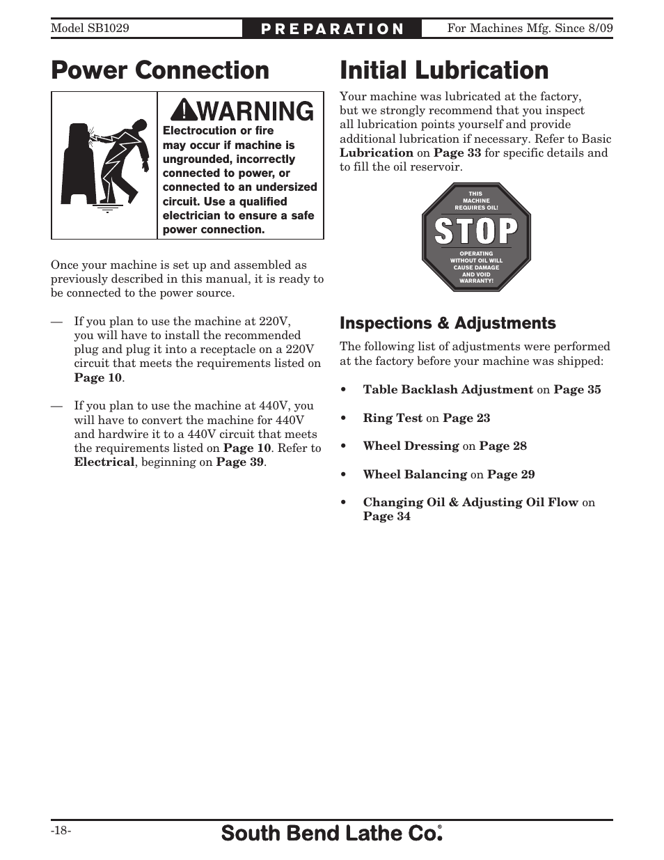 Power connection, Initial lubrication, Inspections & adjustments | Southbend 6" x 18" SURFACE GRINDER SB1029 User Manual | Page 20 / 60