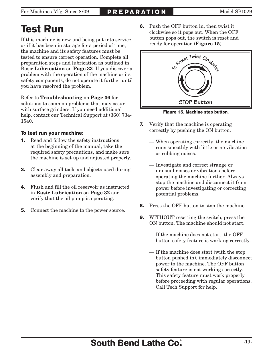 Test run | Southbend 6" x 18" SURFACE GRINDER SB1029 User Manual | Page 21 / 60