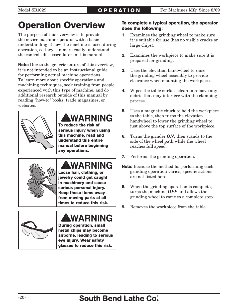 Operation overview | Southbend 6" x 18" SURFACE GRINDER SB1029 User Manual | Page 22 / 60