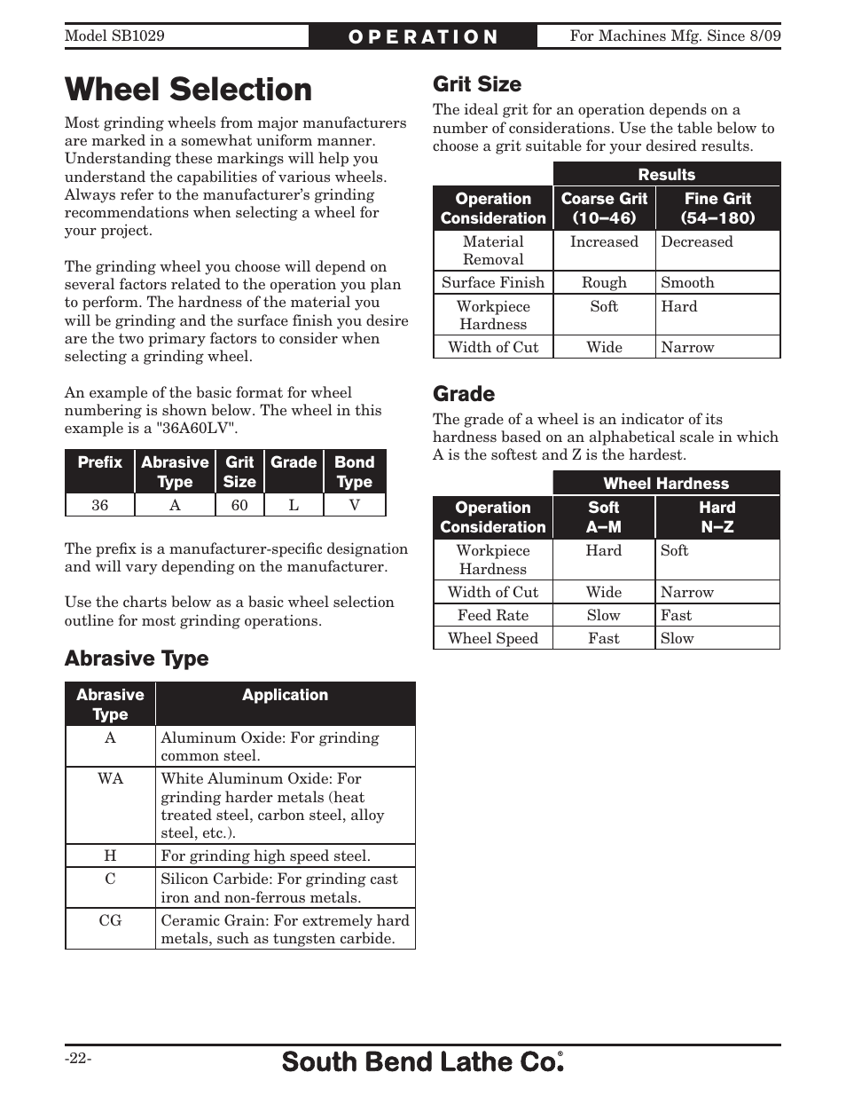 Wheel selection, Abrasive type, Grit size | Grade | Southbend 6" x 18" SURFACE GRINDER SB1029 User Manual | Page 24 / 60