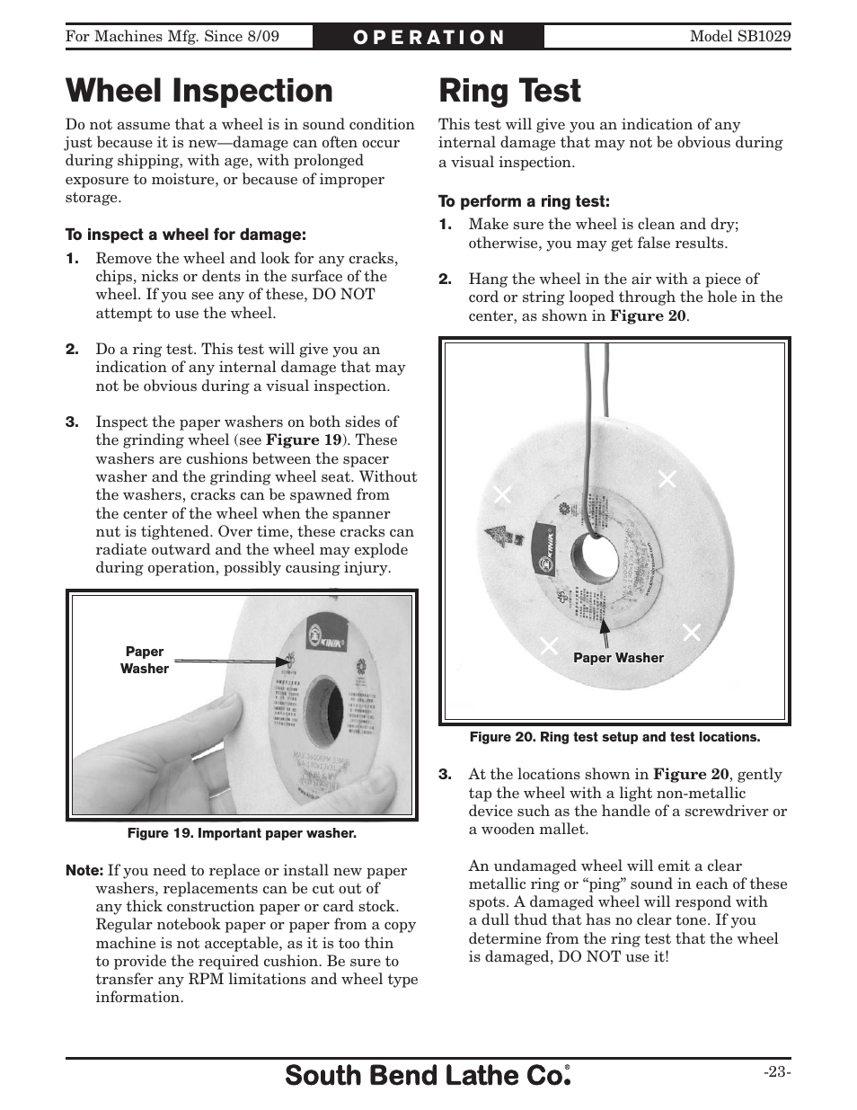 Wheel inspection, Ring test | Southbend 6" x 18" SURFACE GRINDER SB1029 User Manual | Page 25 / 60