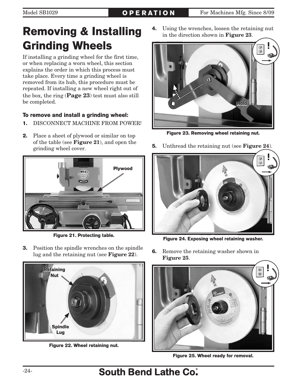 Removing & installing grinding wheels | Southbend 6" x 18" SURFACE GRINDER SB1029 User Manual | Page 26 / 60