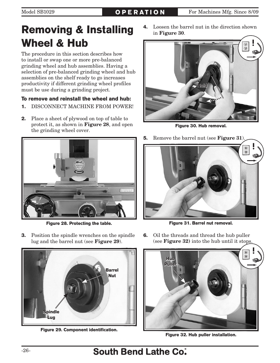 Removing & installing wheel & hub | Southbend 6" x 18" SURFACE GRINDER SB1029 User Manual | Page 28 / 60