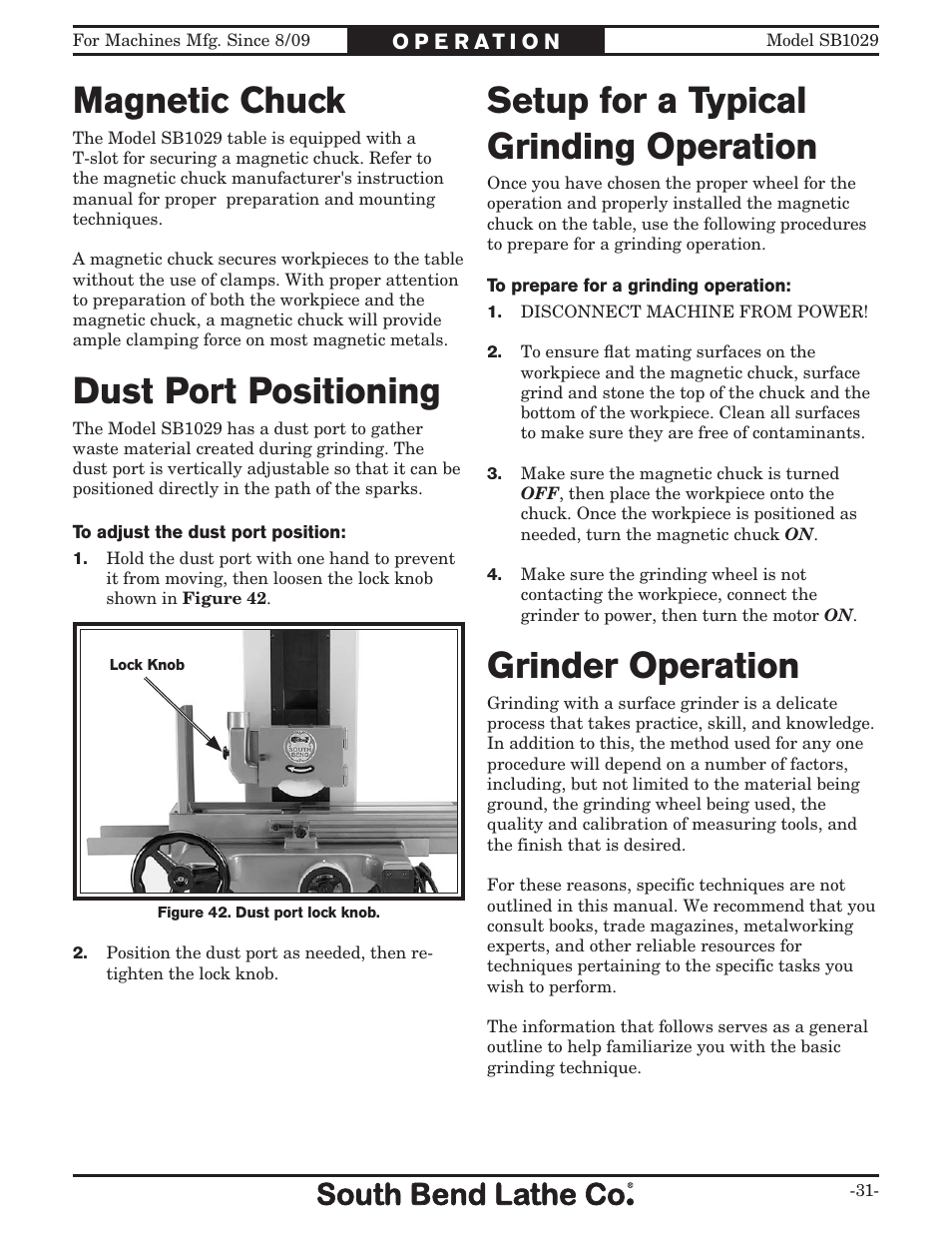 Grinder operation, Magnetic chuck, Setup for a typical grinding operation | Dust port positioning | Southbend 6" x 18" SURFACE GRINDER SB1029 User Manual | Page 33 / 60