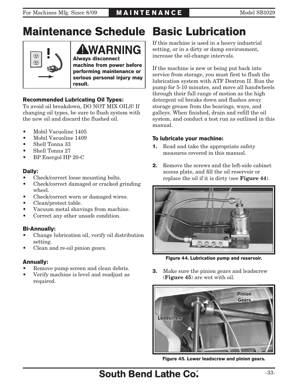 Maintenance schedule, Basic lubrication | Southbend 6" x 18" SURFACE GRINDER SB1029 User Manual | Page 35 / 60