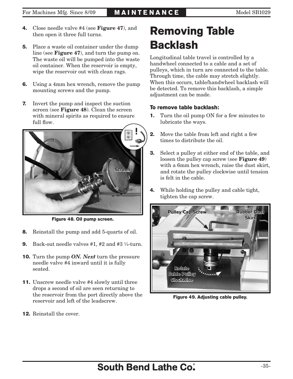 Removing table backlash | Southbend 6" x 18" SURFACE GRINDER SB1029 User Manual | Page 37 / 60