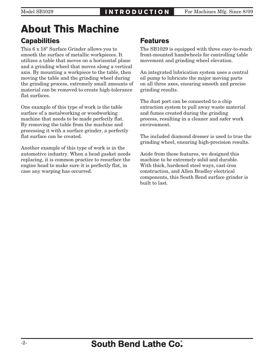 About this machine, Capabilities, Features | Southbend 6" x 18" SURFACE GRINDER SB1029 User Manual | Page 4 / 60
