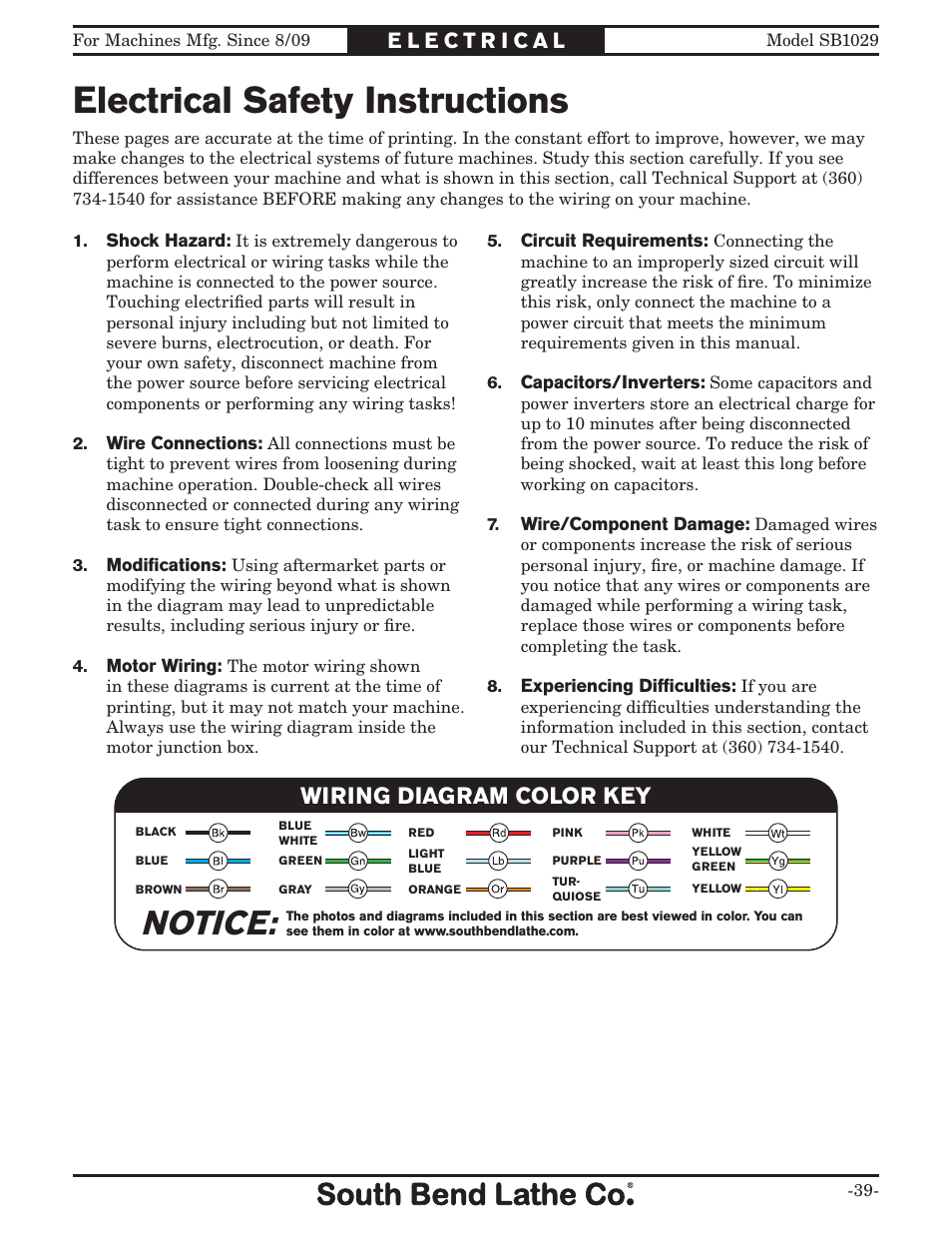 Electrical safety instructions, Notice, Wiring diagram color key | Southbend 6" x 18" SURFACE GRINDER SB1029 User Manual | Page 41 / 60