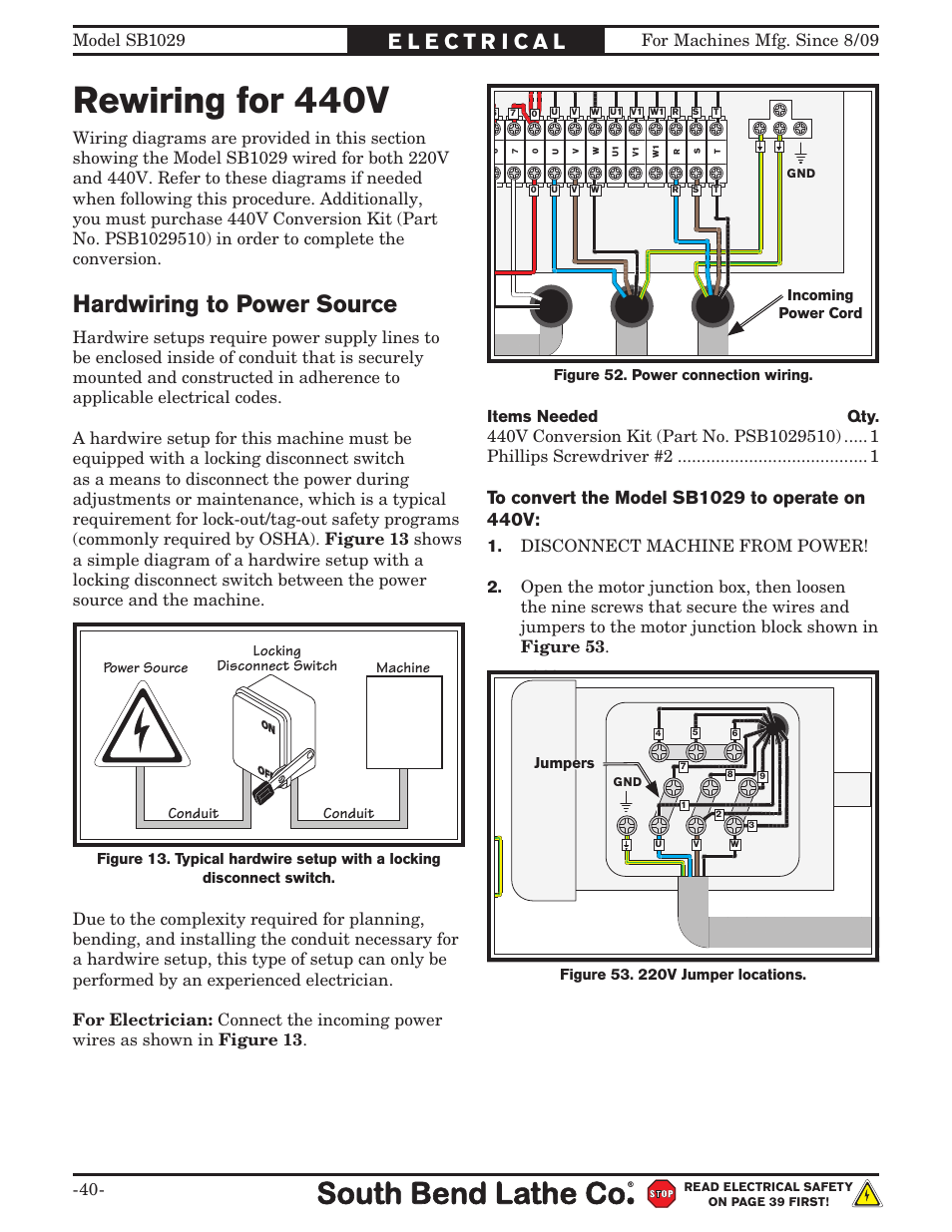 Rewiring for 440v, Hardwiring to power source | Southbend 6" x 18" SURFACE GRINDER SB1029 User Manual | Page 42 / 60